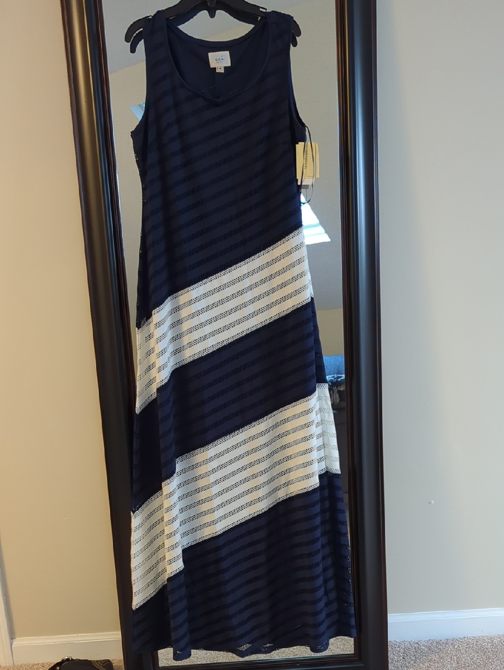 ECI NWT Navy and White Diagonal Stripe Maxi Dress
